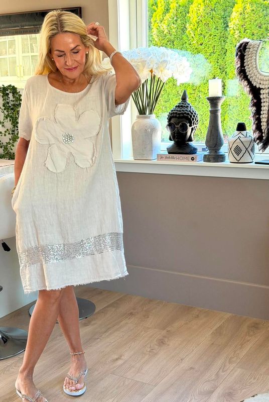 Flower Linen Sequin Dress
